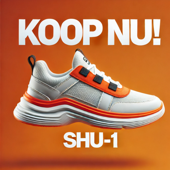 AM Beyond* - DALL·E 2024-06-19 14.42.50 – Create a stylish advertisement for a modern, comfortable sneaker with a longer design and narrower soles, primarily in white with vibrant orange accen